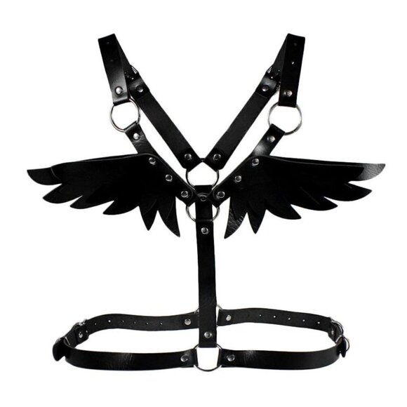 BLACK Leather Harness Angel Wing Garter Belt Waistband Slave Fetish Bondage BDSM - Picture 5 of 6